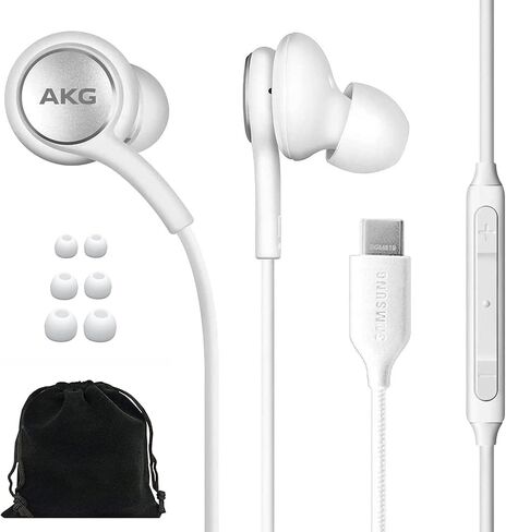 Samsung AKG Earbuds for Galaxy S23 Ultra - Original USB Type C in-Ear Earbud Headphones with Remote & Mic - Braided - includes Velvet Pouch - White in Saudi Arabia