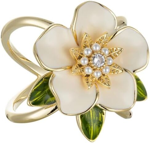 Kokoma Elegant Gardenia Flower Scarf Ring for Women 14K Gold Plated CZ Crystal Floral Silk Scarf Clip Scarves Buckle Shawl Brooch Statement Finger Ring Decoration Accessories in Saudi Arabia