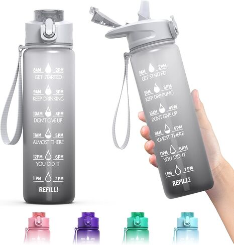 زجاجة مياه سعة 32 أونصة مع علامة زمنية وقش، زجاجة مياه تحفيزية بمقبض، إبريق ماء تريتان مقاوم للتسرب وخالي من البيسفينول أ للمدرسة وصالة الألعاب الرياضية والخارجية واللياقة البدنية (رمادي متدرج أسود، 32 أونصة) in Kuwait