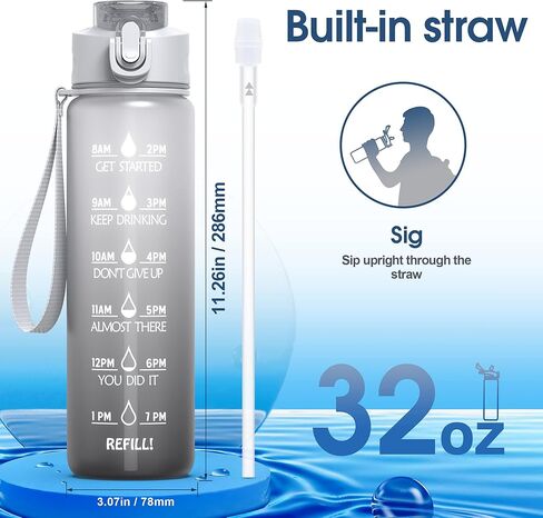 زجاجة مياه سعة 32 أونصة مع علامة زمنية وقش، زجاجة مياه تحفيزية بمقبض، إبريق ماء تريتان مقاوم للتسرب وخالي من البيسفينول أ للمدرسة وصالة الألعاب الرياضية والخارجية واللياقة البدنية (رمادي متدرج أسود، 32 أونصة) in Kuwait