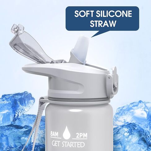 زجاجة مياه سعة 32 أونصة مع علامة زمنية وقش، زجاجة مياه تحفيزية بمقبض، إبريق ماء تريتان مقاوم للتسرب وخالي من البيسفينول أ للمدرسة وصالة الألعاب الرياضية والخارجية واللياقة البدنية (رمادي متدرج أسود، 32 أونصة) in Kuwait