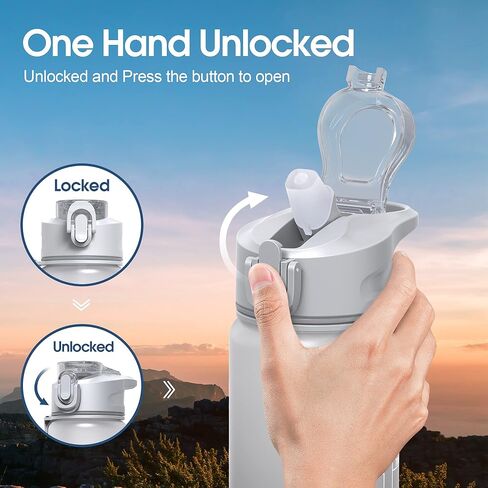 زجاجة مياه سعة 32 أونصة مع علامة زمنية وقش، زجاجة مياه تحفيزية بمقبض، إبريق ماء تريتان مقاوم للتسرب وخالي من البيسفينول أ للمدرسة وصالة الألعاب الرياضية والخارجية واللياقة البدنية (رمادي متدرج أسود، 32 أونصة) in Kuwait