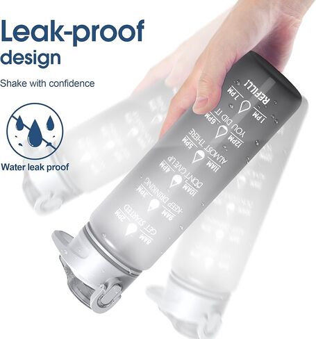 زجاجة مياه سعة 32 أونصة مع علامة زمنية وقش، زجاجة مياه تحفيزية بمقبض، إبريق ماء تريتان مقاوم للتسرب وخالي من البيسفينول أ للمدرسة وصالة الألعاب الرياضية والخارجية واللياقة البدنية (رمادي متدرج أسود، 32 أونصة) in Kuwait