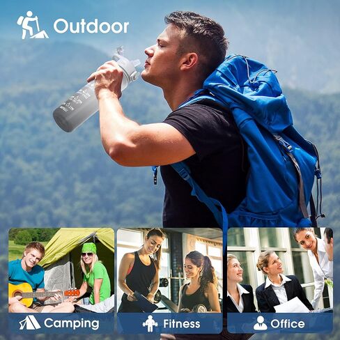 زجاجة مياه سعة 32 أونصة مع علامة زمنية وقش، زجاجة مياه تحفيزية بمقبض، إبريق ماء تريتان مقاوم للتسرب وخالي من البيسفينول أ للمدرسة وصالة الألعاب الرياضية والخارجية واللياقة البدنية (رمادي متدرج أسود، 32 أونصة) in Kuwait