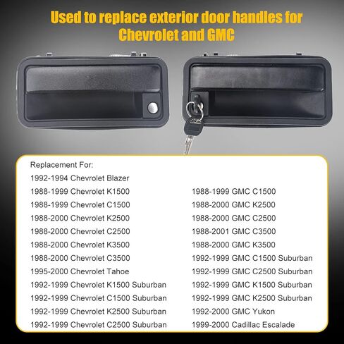 مقابض أبواب خارجية معدنية 3 مرايا مع أسطوانات قفل ومفاتيح متوافقة مع 1995-2000 تشيفي تاهو جي إم سي بيك اب سوبربان C/K1500 C/K2500 C/K3500 يوكون (الجانب الأيسر والأيمن) 15742229 15742230 in Kuwait