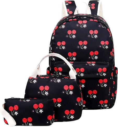 حقيبة ظهر للبنات حقائب مدرسية للأطفال وحقائب كتب للمراهقات وحقائب ظهر للفتيات المراهقات مع صندوق غداء وحقائب أقلام رصاص وحقيبة نهارية للسفر (أسود كرزي) in Kuwait