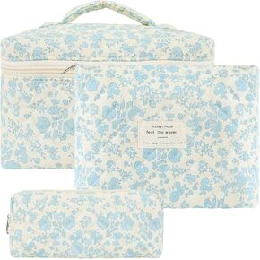 Grenben 3 PCS Cotton Quilted Makeup Bag,Floral Quilted Makeup Bag Set,Cute Cosmetic Bag for Women Pouch Bag,Lightweight Travel Toiletry Organizer Bag,Valentine Gifts in Kuwait