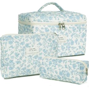 3Pcs Cotton Quilted Makeup Bag Large Travel Cosmetic Bag,Big Coquette Makeup Bag,Floral Aesthetic Toiletry Organizer Bag Zipper Pouch for Women Girls in Kuwait