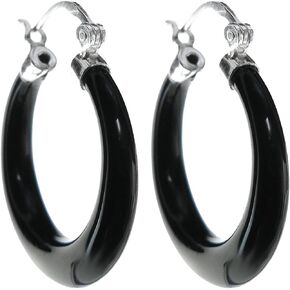 Sterling Silver Natural Black Onyx Ring Drop Hoop Huggie Earrings