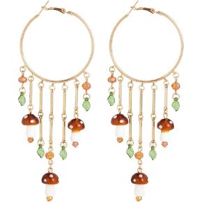 Colorful Boho Tassel Hoop Earrings Mushroom Leaves Dangle Earring for Women