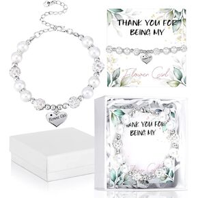 Yinkin 2 Sets Flower Girl Set for Wedding Includes 2 Flower Girl Wristbands 2 Gift Cards 2 Gift Box with Raffia Heart Charm Wristbands Flower Girl Gift for Wedding Party Gift Supplies