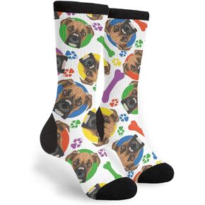 Colorful Boxer Dogs Novelty Fun Crazy Crew Socks - Dress Casual Socks, Black and White, One Size