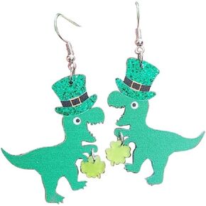 St. Patrick's Day Earrings Green Lucky Clover Highland Cow Wooden Dangle Earrings Cute Irish Shamrock Hat Horseshoe Dinosaur Tassel Acrylic Drop Earrings for Women Girls Holiday Jewelry Gift