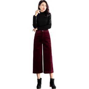 Corduroy Cropped Wide Leg Pants Women's Elastic Waist Culotte Corduroy Pants w/Side Pockets
