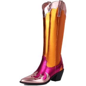 YIYA Women's Multicolor Metallic Pink and Orange Cowgirl Cowboy Knee High Boots Pointed Toe Chunky Block Heel Western Boots Vintage Pull On Tabs Mid Calf Boot