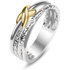 JadeAngel Two Tone Gold and Silver Rings For Women Fashion Designer Jewelry Twisted Crossover Cable Wire Band Ring (Size 6-9)