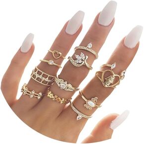 ZZ ZINFANDEL 12Pcs Gold Heart Flower Knuckle Rings Set for Teen Girls,Boho Heart Love Crown Stackable Finger Chunky Rings for Women,Adjustable Open Rings Band Jewelry