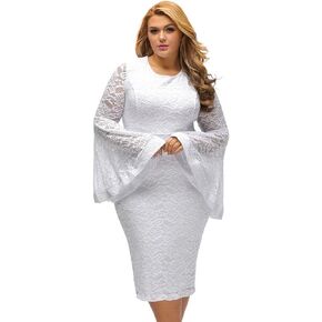 Sexy All White Plus Size Dress for Women Bell Sleeves Lace Dress Party Dress