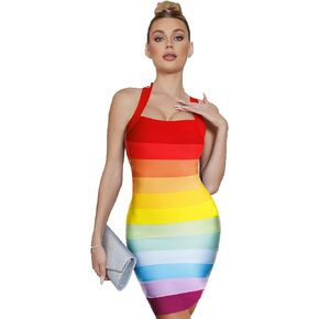 Rainbow Bodycon Bandage Dress Halter Cocktail Party Dresses for Women Wedding Guest Dress