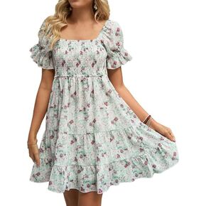 Women Mini Dress Square Neck Printed Chiffon Smocking Top Short Sleeve&Off Shoulder Casual Ruffle Cocktail Dress