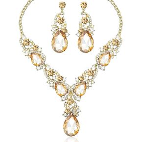 Secret for Longevity Gold Tone Antique Style Art Deco Amber Honey Yellow Topaz Citrine Champagne Rhinestone Statement Wedding Bridal Prom Chunky Statement Earrings Necklace Gift Set