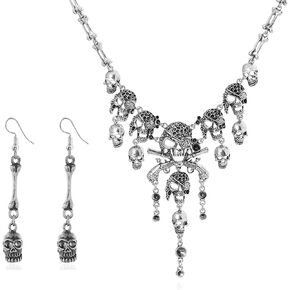 Halloween Pirate Costume Accessories for Women Pirate Necklace Earrings Set Skull Necklace Pirate Earrings Skull Tassel Charm Punk Jewelry Halloween Gifts