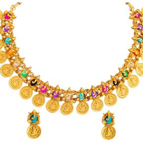 Bodha Traditional Indian Handcrafted Gold Plated Kundan,CZ, Studded Temple Forming One Gram Gold Haram Necklace with Matching Stud Earrings Jewellery/Jewelry Set for Women (SJN_192_PP)