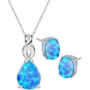 Opal Jewelry Set Sterling Silver Pendant Necklace Stud Earrings October Birthstone Gemstone Fine Jewelry for Women