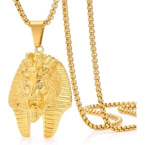 ROWIN&CO 18K Gold Plated Lion Pendant Necklace Stainless Steel Egyptian Pharaoh King Style Hip Hop Jewelry, with 24" Chain