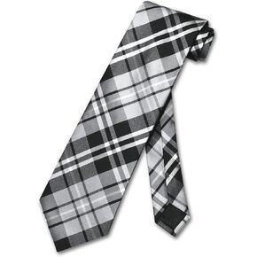 Vesuvio Napoli NeckTie Black Gray White PLAID Design Men's Neck Tie, Black Grey White, One Size