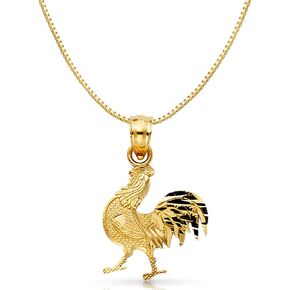 14K Yellow Gold Rooster Charm Pendant with 0.8mm Box Chain Necklace