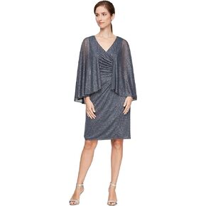 S.L. Fashions Women's Short Capelet Overlay Dress with Metallic Trim