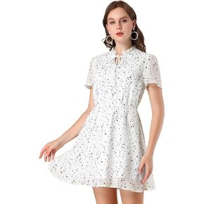 Allegra K Women's Chiffon Ruffle Tie Neck Gathering Flare Sleeve Stars Mini Dress