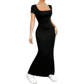 Verdusa Women's Square Neck Long Sleeve Solid Fishtail Bodycon Long Maxi Dress