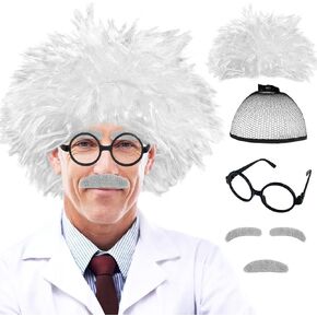 Rrshnsgv 4 PCS Old Man Mad Scientist Wig Set,Crazy Old Man Physicist Wig Costume,Dressing up Grandpa Costume for Kids 100th Day of School,Cosplay Party Wig,Eyebrows,Mustache,Glasses Set