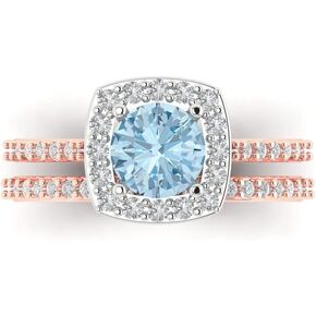 2.22ct Round Cut Halo Pave Solitaire Halo with Accent Natural Sky Blue Topaz Classic Ring Band Set Real 14k 2 Tone Gold