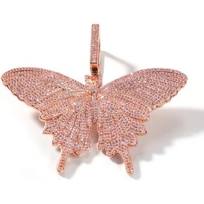 Iced Out Chain 18K Gold Plated Fully CZ Simulated Diamond Pink Butterfly Hip Hop Pendent Necklace for Men Women