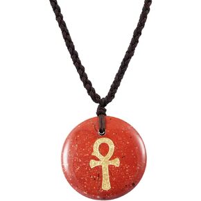 SUNYIK Egyptian Ankh Cross Engraved Round Stone Amulet Pendant Necklace, Adjustable Wave Necklaces for Unisex