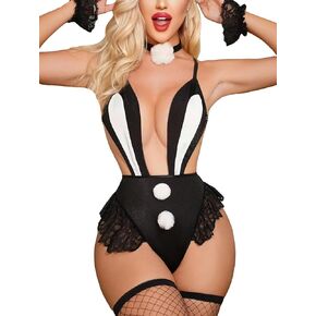 WDIRARA Women's Lace Trim Cut Out Color Block Pom Pom Choker Lingerie Teddy Bodysuit with Stockings