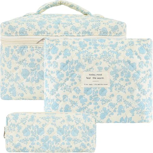 Grenben 3 PCS Cotton Quilted Makeup Bag,Floral Quilted Makeup Bag Set,Cute Cosmetic Bag for Women Pouch Bag,Lightweight Travel Toiletry Organizer Bag,Valentine Gifts in Kuwait