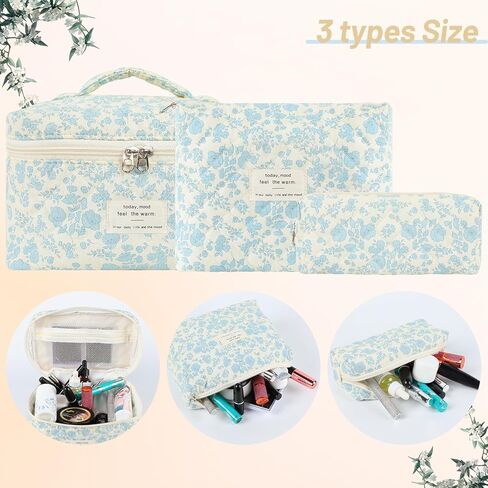 Grenben 3 PCS Cotton Quilted Makeup Bag,Floral Quilted Makeup Bag Set,Cute Cosmetic Bag for Women Pouch Bag,Lightweight Travel Toiletry Organizer Bag,Valentine Gifts in Kuwait
