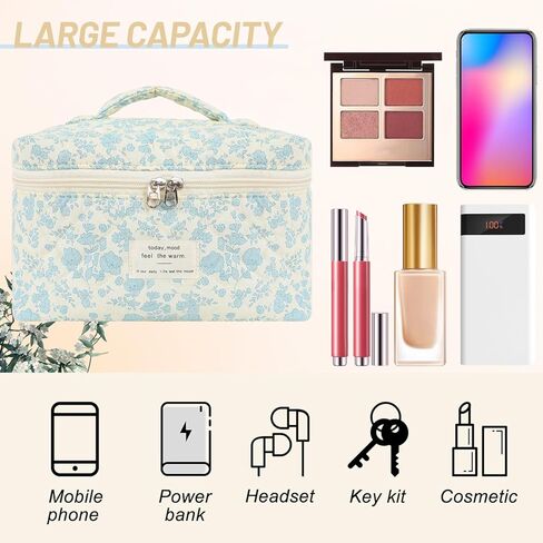 Grenben 3 PCS Cotton Quilted Makeup Bag,Floral Quilted Makeup Bag Set,Cute Cosmetic Bag for Women Pouch Bag,Lightweight Travel Toiletry Organizer Bag,Valentine Gifts in Kuwait