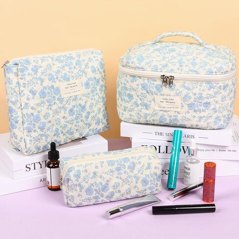 Grenben 3 PCS Cotton Quilted Makeup Bag,Floral Quilted Makeup Bag Set,Cute Cosmetic Bag for Women Pouch Bag,Lightweight Travel Toiletry Organizer Bag,Valentine Gifts in Kuwait