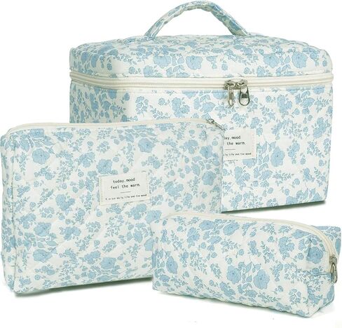 3Pcs Cotton Quilted Makeup Bag Large Travel Cosmetic Bag,Big Coquette Makeup Bag,Floral Aesthetic Toiletry Organizer Bag Zipper Pouch for Women Girls in Kuwait