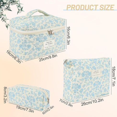 3Pcs Cotton Quilted Makeup Bag Large Travel Cosmetic Bag,Big Coquette Makeup Bag,Floral Aesthetic Toiletry Organizer Bag Zipper Pouch for Women Girls in Kuwait