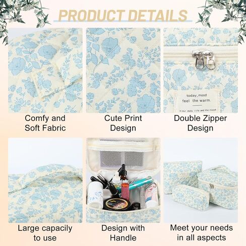 3Pcs Cotton Quilted Makeup Bag Large Travel Cosmetic Bag,Big Coquette Makeup Bag,Floral Aesthetic Toiletry Organizer Bag Zipper Pouch for Women Girls in Kuwait