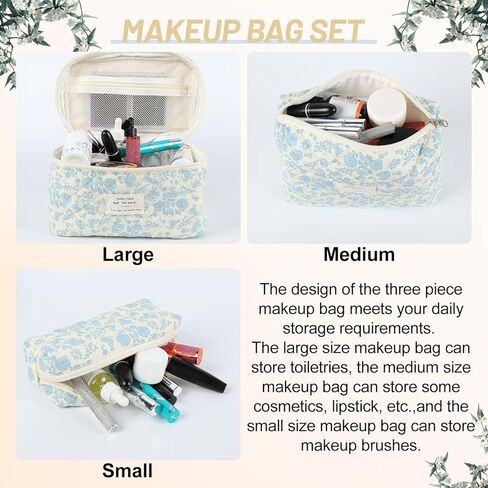 3Pcs Cotton Quilted Makeup Bag Large Travel Cosmetic Bag,Big Coquette Makeup Bag,Floral Aesthetic Toiletry Organizer Bag Zipper Pouch for Women Girls in Kuwait