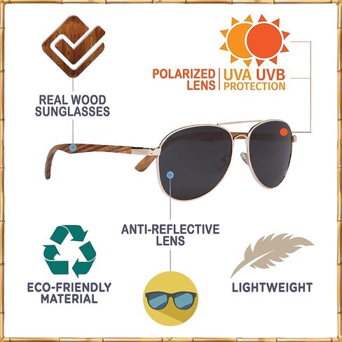 ووديز نظارة شمسية من الخشب بالكامل باطار سلك ذهبي وعدسة سوداء مستقطبة in Kuwait