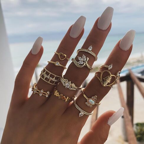 ZZ ZINFANDEL 12Pcs Gold Heart Flower Knuckle Rings Set for Teen Girls,Boho Heart Love Crown Stackable Finger Chunky Rings for Women,Adjustable Open Rings Band Jewelry in Kuwait