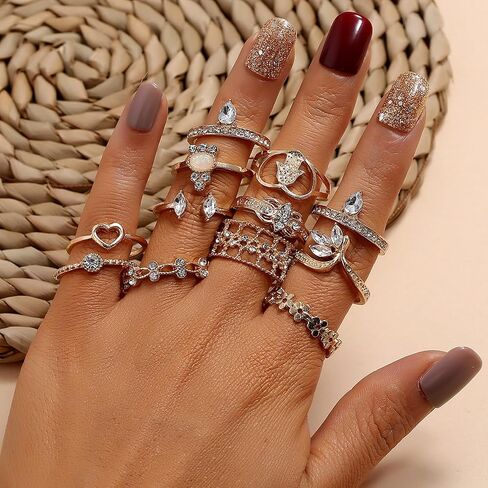 ZZ ZINFANDEL 12Pcs Gold Heart Flower Knuckle Rings Set for Teen Girls,Boho Heart Love Crown Stackable Finger Chunky Rings for Women,Adjustable Open Rings Band Jewelry in Kuwait